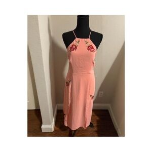 Topshop Pink Midi Dress with Floral Embroidery